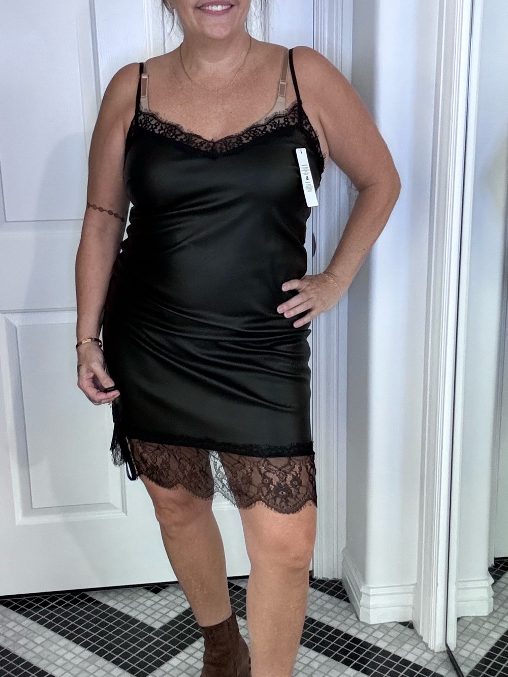 Black Lace-Trim Vegan Leather Slip Dress